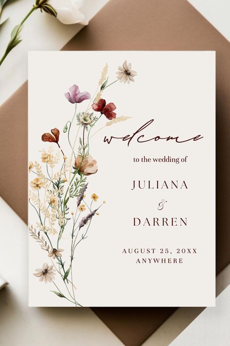 EDITABLE Wildflowers Wedding Welcome Sign Template Canva Edit Floral Wedding Reception Sign Instant Download Printable Poster Juliana  #wedding #welcomewedding #wildflowerwelcome #floralmeadow #weddingdecors #weddingreception #tabletopsigns #beigebohoflowers #instantdownload Wedding Flower Invitation, Engagement Poster Design, Wedding Card Design Templates, Floral Poster Design, Wildflower Template, Invitation Wedding Design, Engagement Poster, Wedding Welcome Card, Wedding Invitation Flower