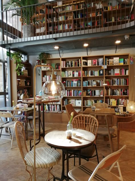 Cafe And Library Design, Book And Cafe Aesthetic, Bakery With Library, Cafe With Bookstore, Cafe And Books Aesthetic, Cafe And Bookstore Coffee Shop, Bookstore Bakery Aesthetic, Bookshop Cafe Interior Design, Book Coffee Shop Design