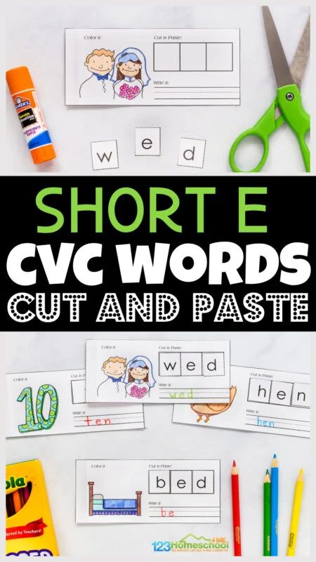 Help kids practice short e cvc words as students make a free printable cvc short e words. with short e vowels with this free printable cvc words booklet pdf that allows preschool, kindergarten, and 1st grade kids to practice sounding out and spelling 17 CVC words color, cut and paste, and writing. Simply print cvc words books pdf file with short e words and you are ready to improve reading and spelling skills! Phonics Step By Step, Consonant Blends Games, Cvc Worksheets Free, How To Teach Phonics, Free Phonics Activities, Rhyming Words Worksheets, Short I Words, Short E Words, Cvc Words Worksheets