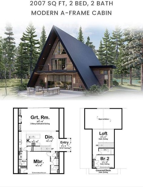 A Frame Cabin Floor Plans With Loft, Aframe Home Designs, A Frame Blueprints, A Frame With Loft, A Frame Floor Plans, A Frame Cabin Plans, Triangle House, A Frame Cabins, Tiny House Loft