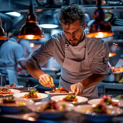 Download 'Chef Plating Dish' - Chef meticulously garnishing a dish in a busy, professional kitchen illuminated by warm overhead lights. - Get this free stock photo and more high-quality images on StockCake. No attribution required. Chef Photo Shoot Ideas, Chef Pictures Image Cooking, Chefs Photoshoot, Cooking Portrait, Chef Cooking Photography, Chef Photoshoot Ideas, Someone Cooking, Chef Branding, Chef Plating