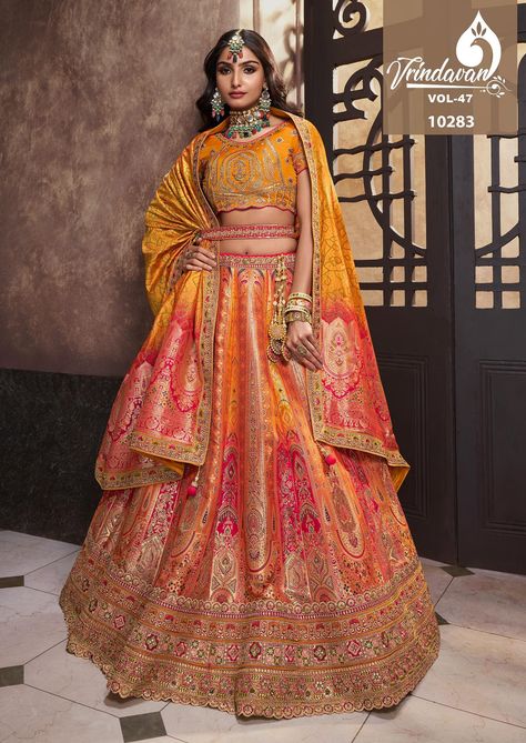 ROYAL VRINDAVAN BRIDAL AND BRIDEMAID LEHENGA CHOLI ALL READY STOCK Anarkali Lehenga Gowns, Orange Lehenga, Wedding Mehendi, Yellow Lehenga, Kaftan Designs, Sequence Embroidery, Anarkali Lehenga, Wedding Saree Collection, Yellow Ombre