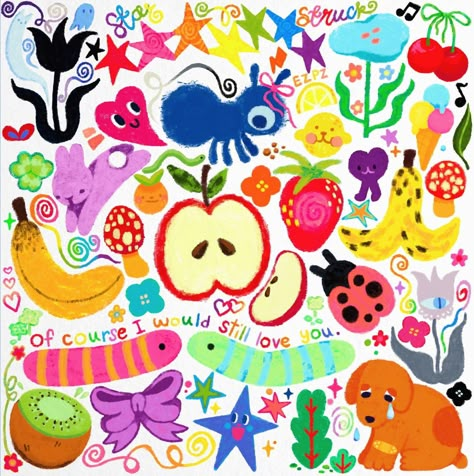 Oodles of Doodles! 🌈🌷🐜🩵 Doodle Art Collage, Doodle Ideas Colorful, Simple Doodles With Color, Drawing Ideas For Scrapbook, Cute Scrapbook Doodles, Wall Painting Ideas Doodle, Background Doodle Art, Doodle Canvas Paintings, About Me Drawing Ideas