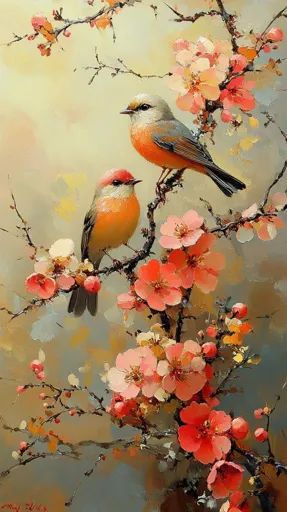 ↑↑↑ Larger size on website 🔸 A delicate painting depicts two small birds perched on a blossoming tree branch. The birds, painted Tree Branches Painting, Branches Painting, Balance Of Nature, Muted Palette, Serene Nature, Glass Painting Designs, White Landscape, Black And White Landscape, Bird On Branch