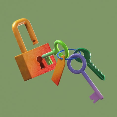 3d illustration of keys and lock Lock And Key Illustration, Key Illustration Graphic Design, Lock Illustration, Cinema 4d Materials, Key Illustration, Visual Advertising, Product Visualization, Baby Shower Photo Booth, Bag Illustration