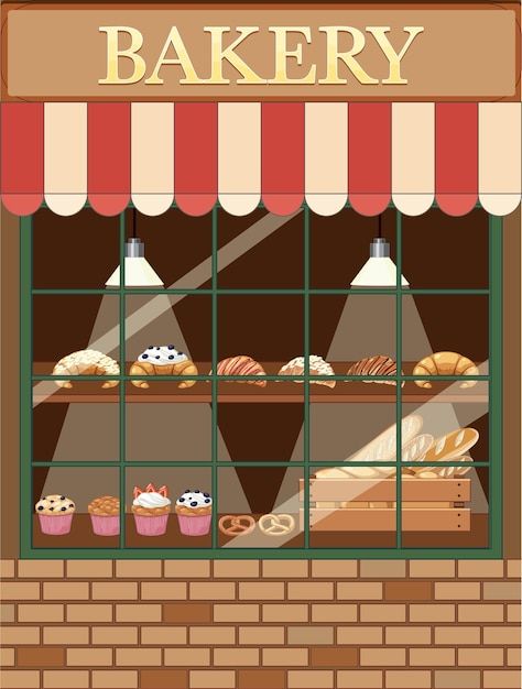 Bakery shop building facade | Premium Vector #Freepik #vector #food-clipart #bread-cartoon #cartoon-drawing #bakery-shop Cute Bakery Drawing, Bakery Shop Drawing, Bakery Shop Illustration, Environment Moodboard, Bakery Drawing, Bakery Cartoon, Bakery Background, Bakery Window, Bakery Theme