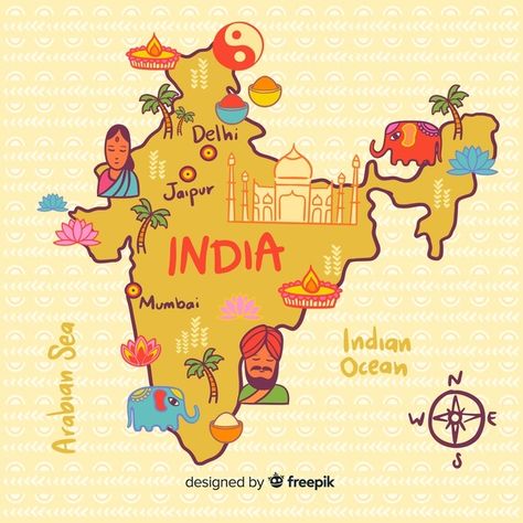 Hand drawn map of india | Free Vector #Freepik #freevector #travel #hand #map #animal Indian Culture Poster, Incredible India Posters, Culture Poster, Map Of India, Maps Aesthetic, Cartoon Map, India For Kids, India Poster, Homeschool Geography