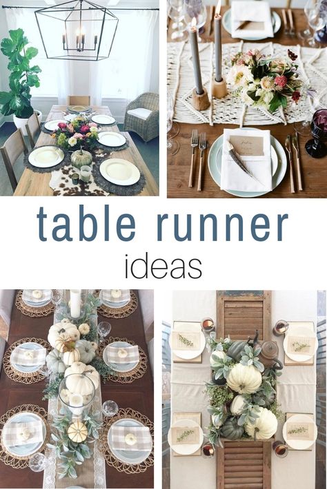 Beautiful fall cottage farmhouse table runner ideas from DIY burlap to easy autumn dining room pieces.  Elegant modern simple designs in plaid, macrame, ticking fabrics and drop cloths.  Rustic design in cow hide or cowhide too.  Decorate your dining Rooms with pumpkins, centerpieces using runners in lace, flannel blankets, and stripes or even Window Shutters. | gold Dining Room Table Runner Ideas Decor, Table Scarf Ideas, Dining Table Cloth Ideas, Farmhouse Table Runner Ideas, Dining Table Runner Ideas, Autumn Dining Room, Table Runners Diy Easy, Table Runners Modern, Dining Room Table Runner