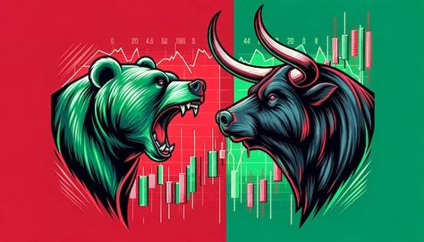 Bull vs bear symbols of stock market trends fierce market battle in red and green background Stock Market Wallpaper Creative, Trading Bull, Red And Green Background, Bear Vs Bull, Stock Market Trends, Stock Market Chart, Bear Market, Market Trends, Green Background