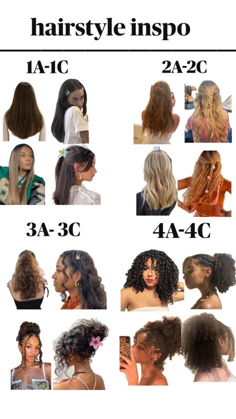 Hairstyle inspo for all hair types, 1a 1b 1c 2a 2b 2c 3a 3b 3c 4a 4b 4c��💗 Type 1c Hair, Type 2 Hair, Type 3a Hair, 3b Hair Type, Type 2a Hair, 3c Hair Type, Hair Type Chart, 4a Natural Hair, 3a Hair