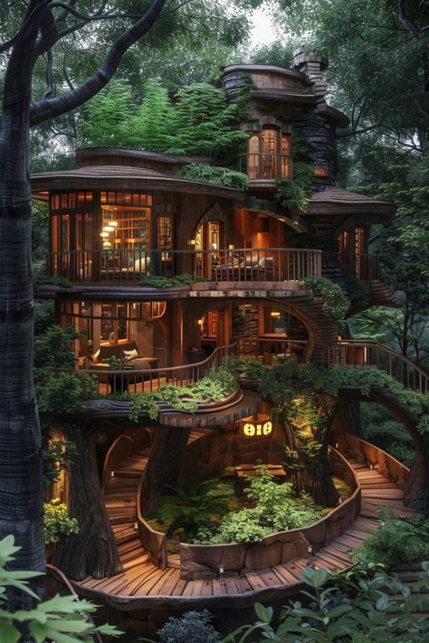 Fantasy Guild, Japanese Mansion, Croquis Architecture, Tree House Interior, Luxury Tree Houses, Forest Houses, Forest Homes, Beautiful Tree Houses, Small Forest