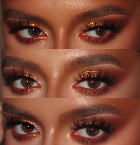 Eyeshadow Aesthetic, Red Eyeshadow Look, Red Makeup Looks, Maquillage Yeux Cut Crease, Gold Makeup Looks, Red Eye Makeup, Gold Eye Makeup, Orange Makeup, Prom Eye Makeup