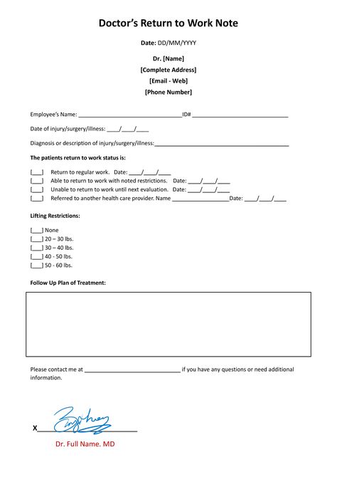 Doctor’s Return to Work Note Template Doctors Note Template, Medical Leave, Note Template, Doctors Note, Urgent Care, Notes Template, Return To Work, Letter Prints, To Work