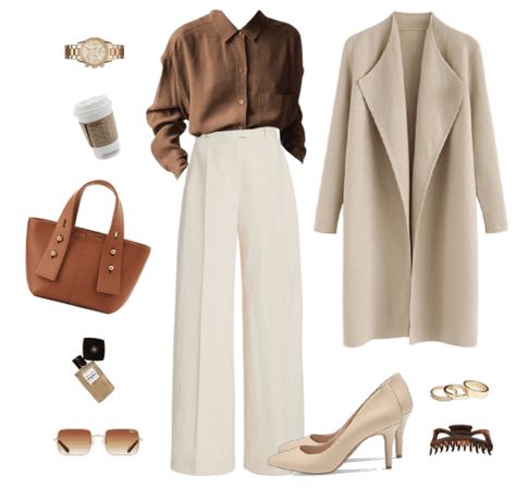 Cream Office Pants Outfit, Beige Pants Women Outfit, Cream Color Outfits Classy, Beige Crop Pants Outfits, University Work Outfit, Beige White And Black Outfit, Outfit Ideas Cream Pants, Tan White Outfit Classy, Taupe And Beige Outfit