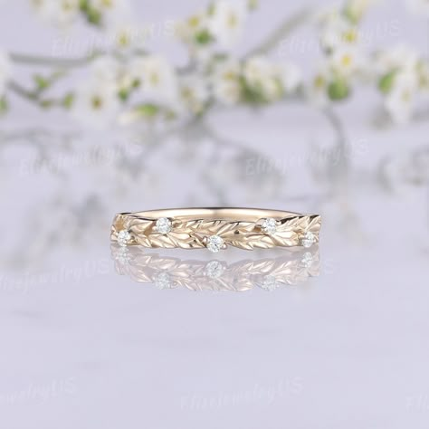 Unique Diamond Wedding Band Unique Leaf Wedding Band Nature Inspired Vintage Wedding Ring Women Gold Rings Promise Anniversary Gift Women - Etsy Wedding Band Female, Wedding Band Designs For Women, Claddagh Wedding Bands, Leafy Wedding Band, Rose Gold Wedding Band For Women, Wedding Band Ideas For Women, Simple Wedding Bands For Women, Vine Wedding Band, Nature Inspired Wedding Bands