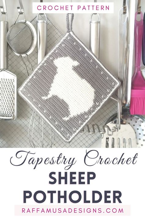 a crocheted potholder realized using the tapestry crochet technique and featuring a sheep silhouette Potholder Crochet Pattern, Crochet Hot Pad, Cute Tapestry, Crochet Goose, Crochet Pot Holders Free Pattern, Crochet Hot Pads, Crochet Sheep, The Goose, Mosaic Crochet