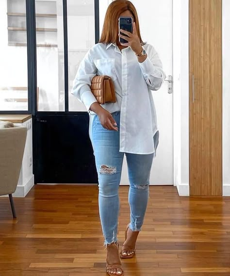 Denim And White Outfits Casual, Casual Plus Size Outfits Spring, Denim And White Outfits Classy, White Button Up Outfit, White Shirt Ideas, Outfit Ideas For Black Women, Oversized White Shirt, White Shirt Outfits, Casual Party Outfit