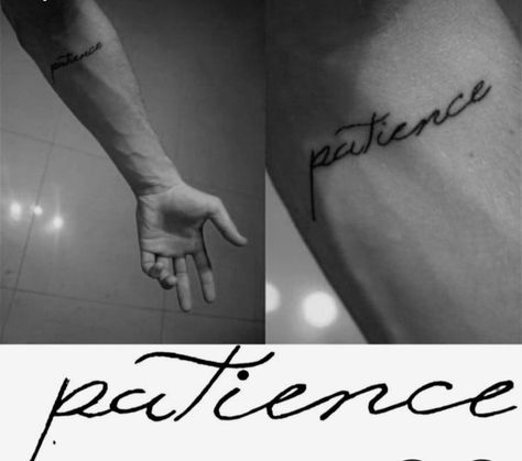 Patience Tattoo Design, Patience Tattoo Fonts, Optimism Tattoo, Karma Tattoo For Men, Wrist Tattoo For Men, Feather Tattoo For Men, Patience Tattoo, Small Words Tattoo, Meaningful Tattoos For Men