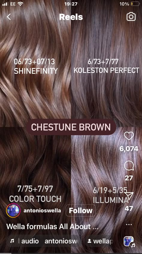 Igora Hair Color, Wella Formulas, Toner Formulas, Brown Hair Color Chart, Hair Color Brown Chestnut, Brilliant Brunette, Chestnut Brown Hair, Colour Touch Wella, Hair Foils