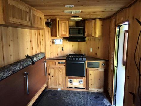 This is from an ice fishing shack but what great design ideas for a van conversion. Hunting Camper Ideas, Diy Hunting Trailer, Ice Fishing Trailer, Fish House Interior Ideas, Ice Shanty Interior, Trailer Conversion Ideas, Trailer Interior Ideas, Utility Trailer Camper, Hunting Trailer