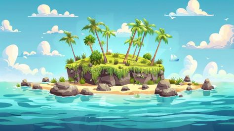 A tropical landscape modern illustration with a tropical island in the ocean. This is an uninhabited island with a beach royalty free stock image Island Digital Art, Fantasy Tropical Island, Island Vector Illustration, Tropical Beach Illustration, Uninhabited Island, Tropical Landscaping, Tropical Islands, Palm Trees, Stock Images Free