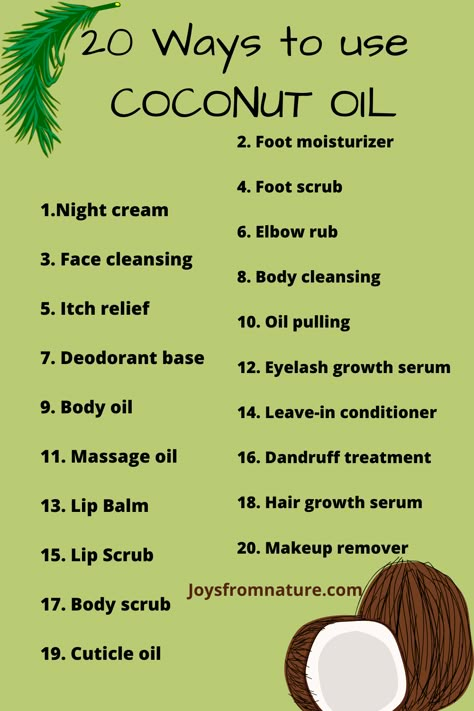 Coconut oil can be used in many ways for skin care, hair care and overall body care. Here are 20 ways to use coconut oil. Read the full article for fun recipes and tips. Ways To Use Coconut Oil, Coconut Oil Hacks, How To Use Coconut Oil For Skin, How To Make Coconut Oil, Remedies For Hyperpigmentation, Coconut Oil Uses For Skin, Coconut Oil For Lips, Esthetician Spa, Uses Of Coconut Oil