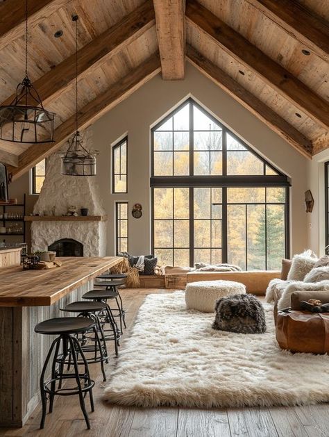 My Cozy Cabin Cosy Cabin Living Room, Cozy Modern Cabin Interior, Cabin Modern Interior, Small Cabin Interiors Cozy, Chalet Style Homes Interior, Tiny Cabins Interiors, Earthy Homes, Lakehouse Cabin, Modern Lakehouse