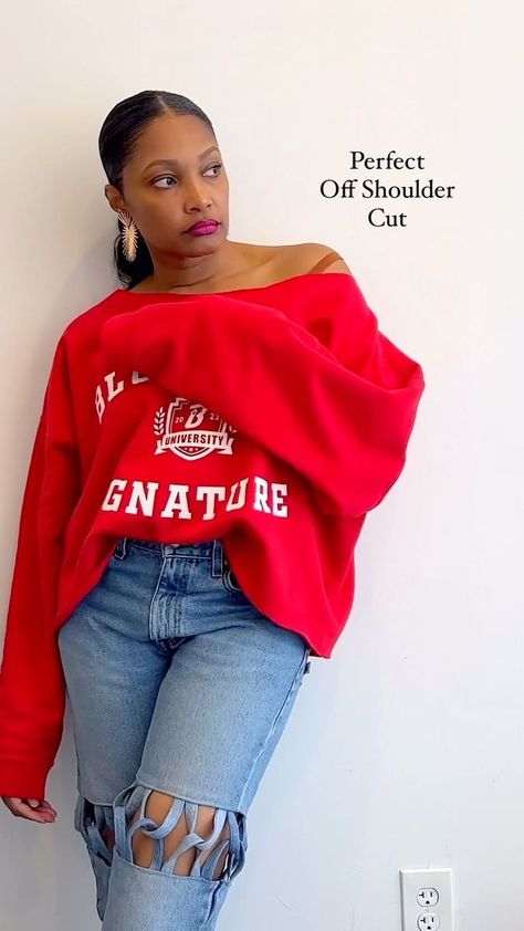 Cut Out Shoulder Sweater, How To Make A Off The Shoulder Shirt Diy, Diy Off Shoulder Sweatshirt, How To Cut A Sweatshirt Off The Shoulder, How To Cut The Neck Of A Sweatshirt, How To Cut A Sweatshirt, Crop A Sweatshirt, Cut Sweatshirt Diy, Diy Sweater Refashion