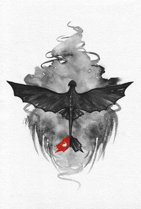 Wingspan Nightfury Toothless Hiccup httyd How To Train Your Dragon how-to-train-your-dragon black water colour water-colour Toothless, Tattoo Ideas, Red, Bonito