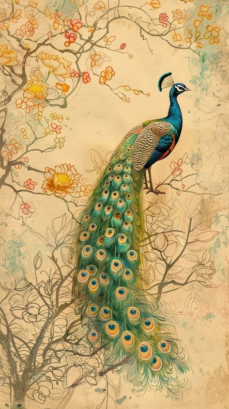 Wallpaper peacock animal bird. | free image by rawpixel.com / Bambamfefe Aesthetic Peacock Wallpaper, Peacock Wallpaper Backgrounds, Peacock Illustration Design, Pichwai Peacock, Indian Mural Wall Art, Peacock Texture, Peacock Feathers Wallpaper, Peacock Aesthetic, Peacock Room Decor