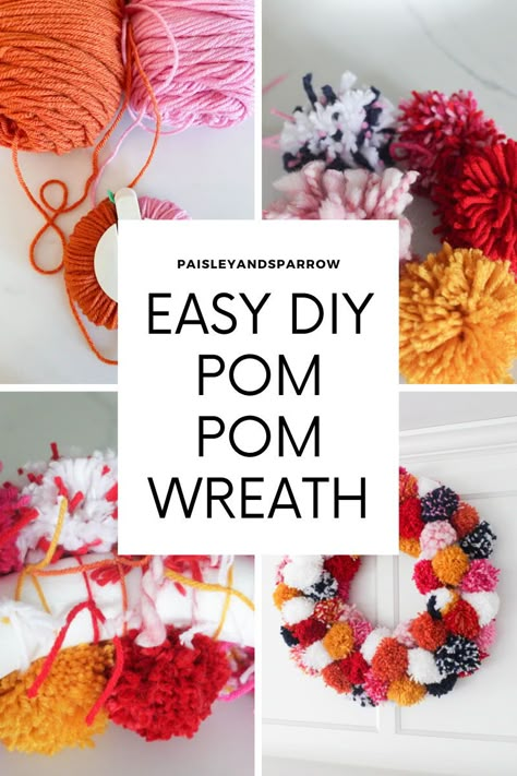 Yarn Pom Pom Wreath Diy, Diy Pom Pom Wreath How To Make, Pom Pom Instructions, Diy Christmas Pom Pom Wreath, Pom Pom Wreaths Diy, Yarn Decorations Diy, Diy Pompom Wreath, Pompom Wreath Tutorial, Big Pom Pom Diy