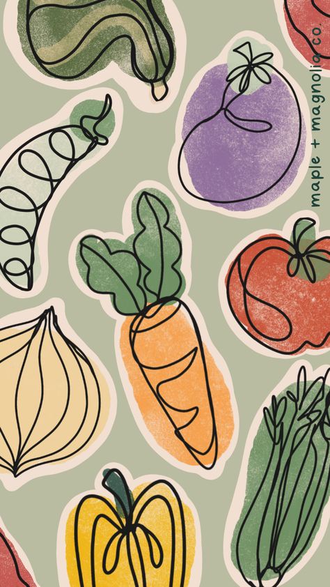 Aesthetic Nutrition Wallpaper, Veggie Background Wallpapers, Cute Fruits Wallpapers, Nutrition Wallpaper Backgrounds, Nutrition Aesthetic Art, Vegetable Design Art, Vegan Wallpaper Backgrounds, Vegetable Background Wallpapers, Procreate Food Illustration