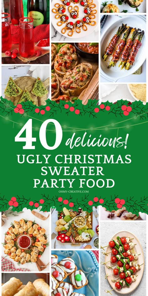 An ugly Christmas sweater party isn’t complete without festive food that adds to the fun. When planning your party menu, think of dishes that are easy to grab while mingling. Finger foods like mini sliders, cheesy dips, and themed cupcakes are always crowd-pleasers. These quirky touches will spark laughter and keep the spirit going strong. The sillier, the better—after all, that’s what an ugly sweater party is all about to match the food to the playful vibe! #UglySweaterParty #ChristmasPartyFood Ugly Sweater Appetizers Food Ideas, Festive Christmas Finger Foods, Christmas Party Themed Food, Ugly Sweater Party Ideas Food, Tacky Christmas Party Food, Funny Christmas Food, Ugly Christmas Sweater Party Food, Ugly Sweater Charcuterie Board, Ugly Sweater Food Ideas