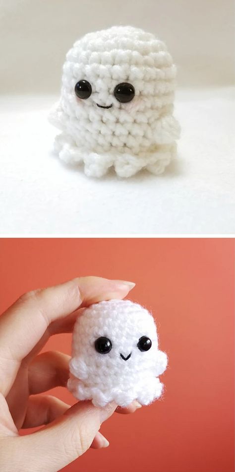 Mini Ghost Amigurumi, Crochet Ghost And Pumpkin Pattern, Free Crochet Patterns For Ghosts, Tiny Ghost Amigurumi, Free Ghost Amigurumi Pattern, How To Make A Crochet Ghost, Small Crochet Projects Amigurumi, Simple Crochet Ghost, Tiny Halloween Crochet Patterns