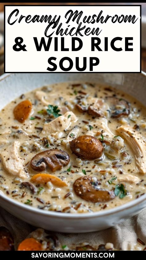 Looking for a hearty and satisfying meal? This creamy mushroom chicken and wild rice soup combines rich flavors and healthy ingredients, giving you the perfect balance of comfort and nutrition.  heartyrecipes #chickenandmushroomsoup #wildricerecipes #comfortfoodlover #easysoups Creamy Turkey Mushroom Wild Rice Soup, Mushroom Chicken Rice Soup, Creamy Mushroom And Chicken Wild Rice Soup, Creamy Vegan Mushroom Wild Rice Soup, Chicken Wild Rice Mushroom Soup Crockpot, Mushroom Wild Rice Soup Crockpot, Creamy Chicken Mushroom Wild Rice Soup, Mushroom Chicken Wild Rice Soup, Creamy Mushroom Chicken And Wild Rice