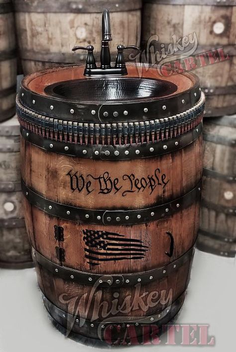 All photos are of our actual barrels and some customer installations. BUILT TO ORDER  ALMOST ANY ARTWORK OR THEME CAN BE PUT ON THE BARREL SINCE IT IS DONE BY HAND WITH WOODBURNING, PAINTS, AND/OR STAINS.   GREAT WAY TO USE YOUR OWN PERSONALIZED LETTERING OR YOUR LOGO.   Please put details regarding your artwork or any specific style or stain you like from our sample pics in the checkout notes. Before ordering:  Please also check current estimated ship dates as to how far out we currently are (U Bourbon Barrel Projects, Country House Decor Farmhouse, Cool Man Cave Ideas, English Pub Interior, Whiskey Barrels For Sale, Cowboy Cottage, Whiskey Barrel Sink, Barrels Diy, Barrel Sink