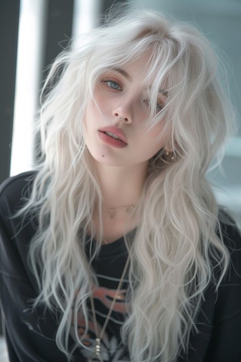 Shaggy Mullet, Long White Hair, Platinum Hair, Long Wavy Hair, Mullet Hairstyle, Hair Reference, Hair Transformation, White Hair, Wavy Hair