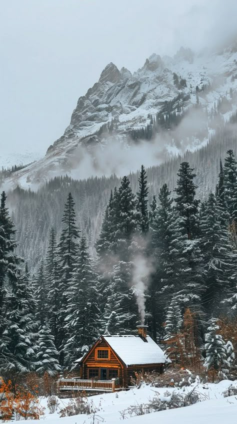 Cozy Winter Scenes, Log Cabin Snow, Snowy Mountain Cabin, Cozy Snow Day, Winter Lodge Aesthetic, Mountains With Snow, Snowed In Aesthetic, Snowy Scenery, Snowy Place