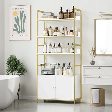 Homfa Create a Comfortable Life The bathroom cabinet with door is specially designed for smaller bathrooms. The 4-layer shelf of the bathroom shelf provides ample storage space, and the smaller size of 11.8 inches wide does not occupy valuable floor area, providing convenient storage for toiletries, towels and other items. White gold bathroom shelf is the perfect solution for adding storage space and can adapt to any bathroom style. The bathroom organizer is made of high-quality wood with a gold Spa Room Organization Ideas, Gold Bathroom Shelves, Wax Suite, White Gold Bathroom, Ikea Wall Storage, Spa Storage, Shelves With Storage, Bathroom Shelf Cabinet, Layer Shelf