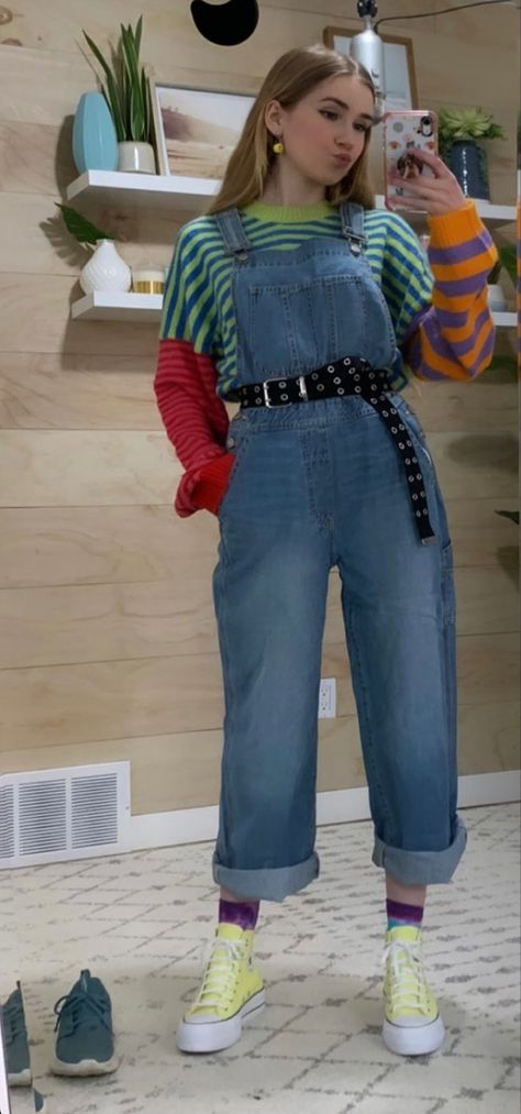 Mia Maples Aesthetic, Overalls 80s Outfit, Color Block Outfits Aesthetic, 80’s Overalls, Mia Maples Outfits, 80s Overalls Outfit, 80s Overalls, Mia Maples, Female Clothing Reference