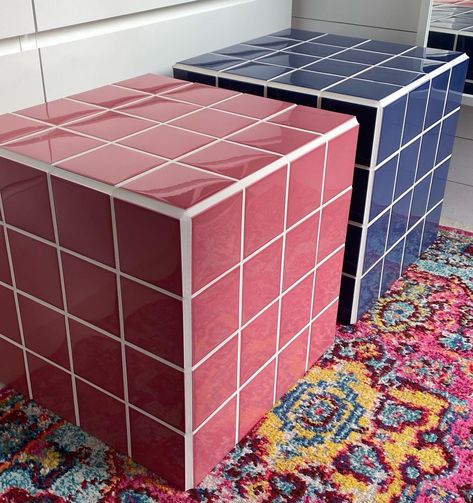 Tiled Furniture, Pink Ceramic Tile, Tiled Table, Brown Tile, Living Room Decor On A Budget, Tile Furniture, Tiled Coffee Table, Cube Table, Tile Table