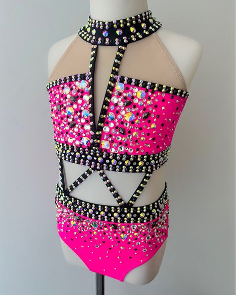 Hot Pink Dance Costumes Jazz, Pink Jazz Costume, Hot Pink Dance Costumes, Dance Costume Rhinestone Pattern, Jazz Competition Costume, Custom Dance Costumes Jazz, Rhinestone Dance Costume Ideas, Rhinestone Patterns Dance Costumes, Jazz Solo Costumes