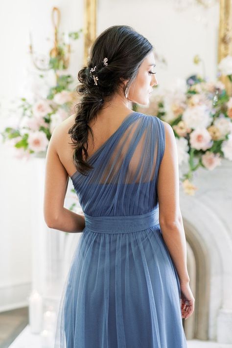 Satin Tulle Dress, One Shoulder Tulle Dress, Blue Tulle Bridesmaid Dress For Prom Season, Formal Blue A-line Bridesmaid Dress, One Shoulder Dusty Blue Bridesmaid Dress, Elegant Blue A-line Bridesmaid Dress, Blue Bridesmaid Dress With Asymmetrical Neckline, Bridesmaid Dresses Tulle, One Shoulder Bridesmaid Dress