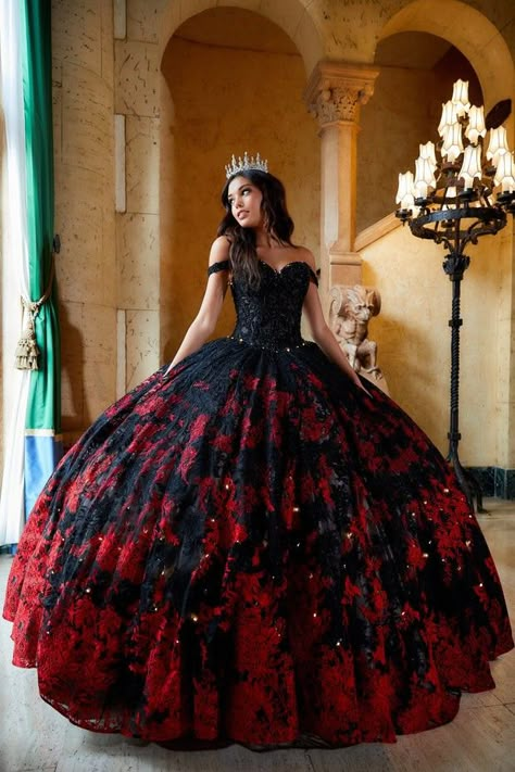 Black Quince Dress, Red Sweet 16 Dresses, Black Quince Dresses, Dream Quinceanera, Red Quinceanera Ideas, Fabric Beading, Quinceanera Dresses Black, Lace Up Corset Back, Quince Stuff