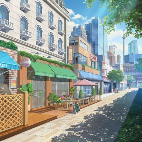 Building Scenery Drawing, Anime Cafe Scenery, Anime City Background, Anime Buildings Background, Anime Town, Wattpad Background, Drawing Scenery, Episode Interactive Backgrounds, Episode Backgrounds