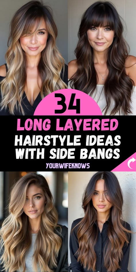 Long layered hair with side bangs continues to be a timeless trend, offering endless possibilities f Long Haircut For Round Faces, Hair Styles For Women In Their 40's, Long Hair Cuts For Round Faces, Side Bangs With Medium Hair, Curtain Bangs With Long Layers, Layered Hair With Side Bangs, Long Layered Hair With Side Bangs, Side Bangs With Long Hair, Side Bang Haircuts