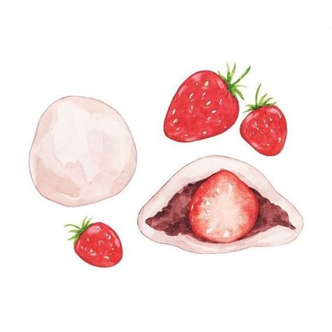 Cake Illustration Design, Dessert Illustrations, Desserts Drawing, Strawberry Mochi, Chibi Food, Dessert Illustration, 귀여운 음식 그림, Cake Illustration, Food Drawings