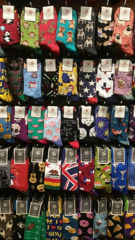 Socks and Soles.  Galleria mall bottom level, near Belk.  Each pair about $12 (ish) Galleria Mall, Sock Store, Sock Collection, Pier 39, Sock Outfits, Funky Socks, Sock Game, Fuzzy Socks, Crazy Socks