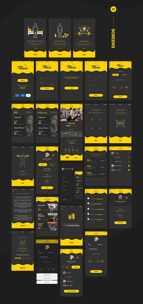 Gym of Heroes is a iOS App that allows everyone access to any gym anywhere. It contains 20+ unique mobile iOS screens designed in Adobe Photoshop, perfectly layered and organized for you to reuse in your project. Tech App Design, Fitness Mobile App Design, Gym App Design, Workout App Design, Fitness App Ui Design, Sport App Design, Application Design Layout, Fitness Apps Design, Fitness App Ui