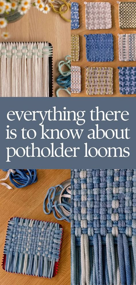 Potholder looms have come a long way since the rainbow-colored, polyester kid crafts days. Now they’re viewed as a great way to make modern weavings. And they’re easy to use too! Click through for everything you need to know about these affordbale and fun crafting items: potholder looms. Potholder Loom Projects, Woven Potholder Patterns, Pin Loom Weaving Projects, Loom Potholder Patterns, Loop Potholders, Potholder Diy, Loop Weaving, Potholder Patterns Free, Pot Holder Loom